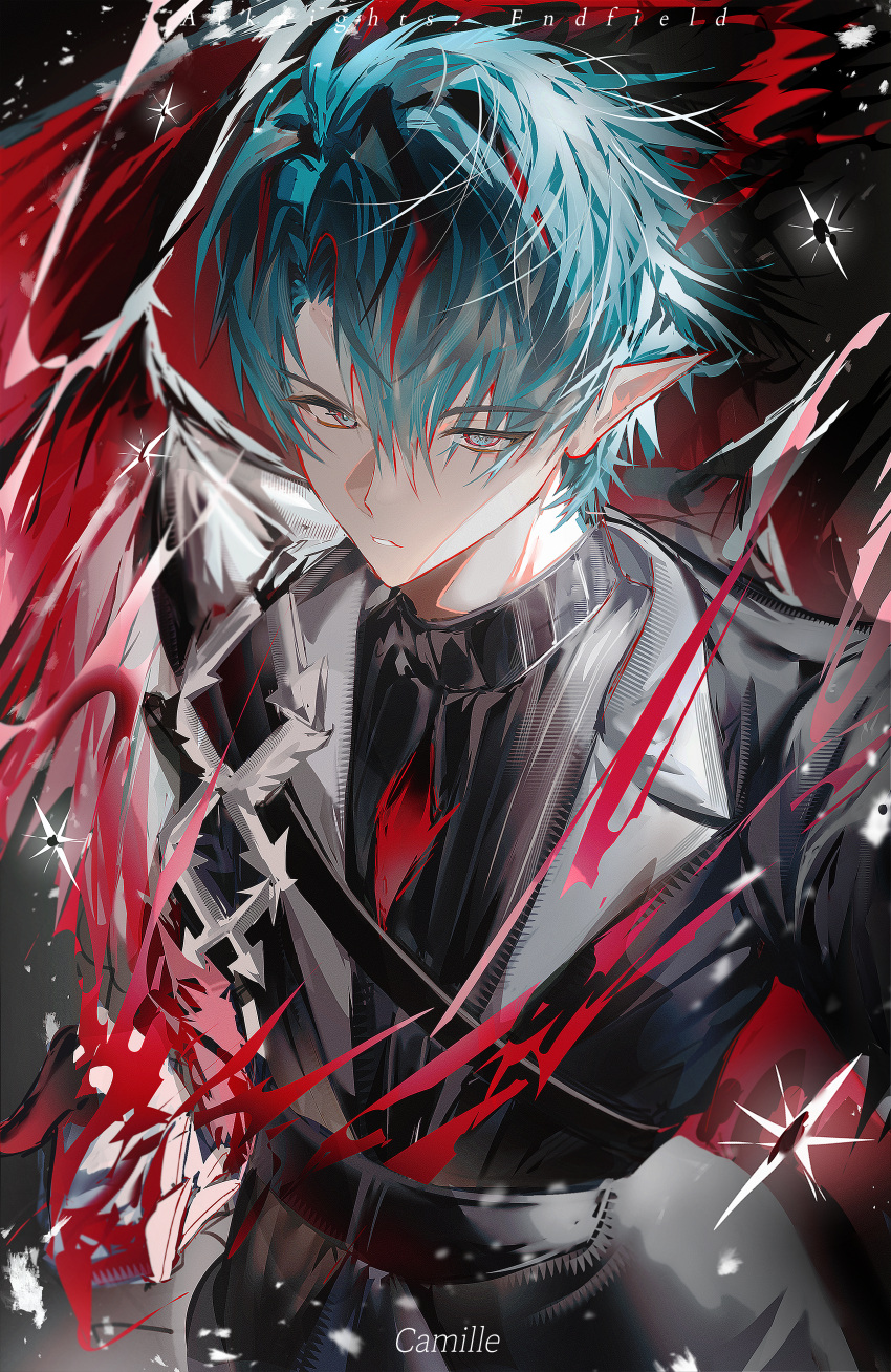 1boy absurdres arknights arknights:_endfield belt blue_eyes blue_hair camille_(arknights) character_name from_above gloves highres long_sleeves looking_at_viewer male_focus oka_(prozetxxxxx) parted_lips pointy_ears solo teeth turtleneck vampire wings