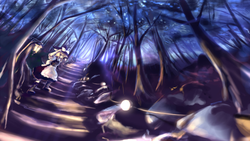 boots chipika forest from_below hand_on_hat hat highres kirisame_marisa lantern looking_at_viewer nature stairs touhou tree witch_hat