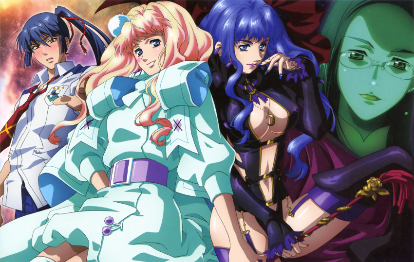 blonde_hair blue_hair blush glasses grace_o'connor grace_o'connor highres jewelry lipstick macross macross_frontier macross_frontier:_itsuwari_no_utahime macross_frontier:_the_false_diva official_art saotome_alto sheryl_nome