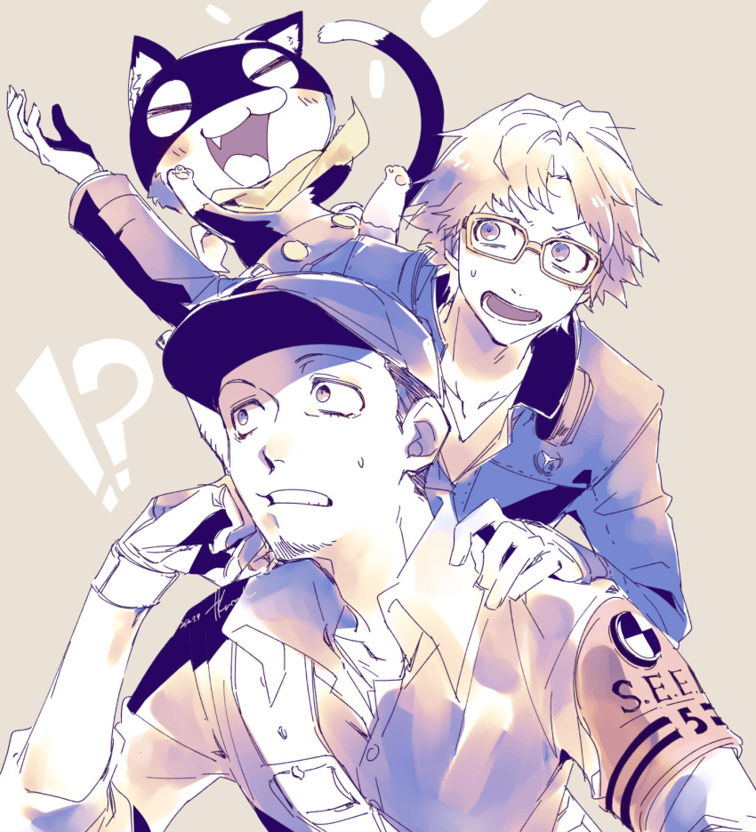 !? 3boys armband baseball_cap black_hair black_jacket blue_hat blue_shirt blush brown_hair cat commentary_request facial_hair gekkoukan_high_school_uniform glasses gloves hanamura_yousuke hat highres in-franchise_crossover iori_junpei jacket morgana_(persona_5) multiple_boys open_mouth parted_lips persona persona_3 persona_3_reload persona_4 persona_5 red_armband s.e.e.s scar scar_on_neck scarf school_uniform shirt short_hair sweatdrop tkimnh trait_connection upper_body v-neck very_short_hair wing_collar yasogami_school_uniform yellow_scarf
