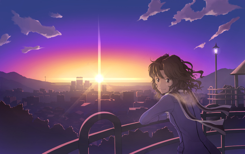 1girl amagami breath city gebo looking_at_viewer looking_back scarf smile solo sunset tanamachi_kaoru