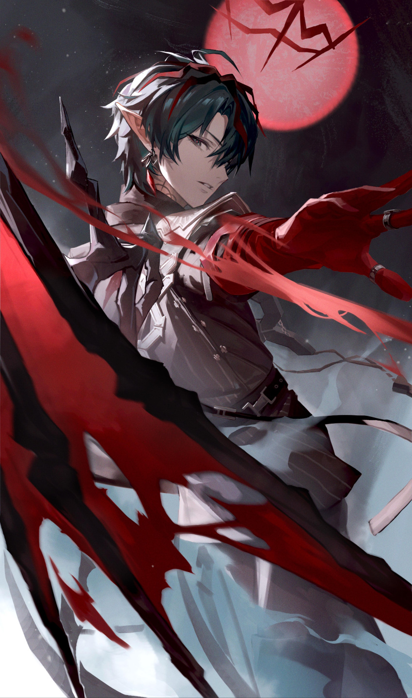 1boy absurdres arknights arknights:_endfield belt blue_eyes blue_hair camille_(arknights) commentary_request from_behind full_moon halo highres jewelry long_sleeves looking_at_viewer looking_back male_focus moon neck_tattoo parted_lips pointy_ears qq1041713019 red_halo red_moon solo tattoo teeth vampire wings