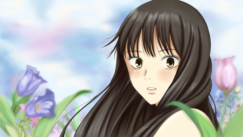 16:9 brown_eyes flower hshskt kimi_ni_todoke kuronuma_sawako long_hair wallpaper