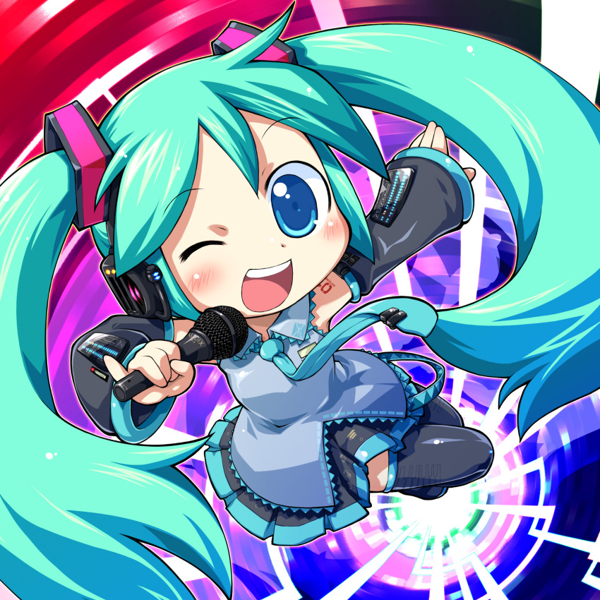 bad_id blue_eyes detached_sleeves hatsune_miku headset highres long_hair microphone necktie open_mouth oshiete!!_mahou_no_lyric_(vocaloid) pinky_out sakurabe_notosu skirt smile thigh-highs thighhighs twintails vocaloid wink
