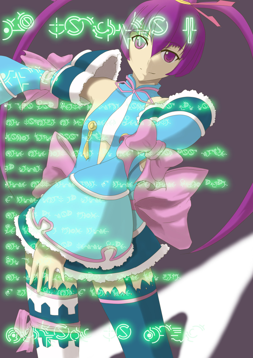 ar_tonelico ar_tonelico_iii artist_request asymmetrical_clothes bow detached_sleeves finnel fur garter_straps gust hair_ornament highres hymmnos lace lace-trimmed_thighhighs long_hair mismatched_legwear multicolored_legwear multicolored_thighhighs myune purple_eyes purple_hair solo tassel thigh-highs thighhighs twintails violet_eyes zettai_ryouiki