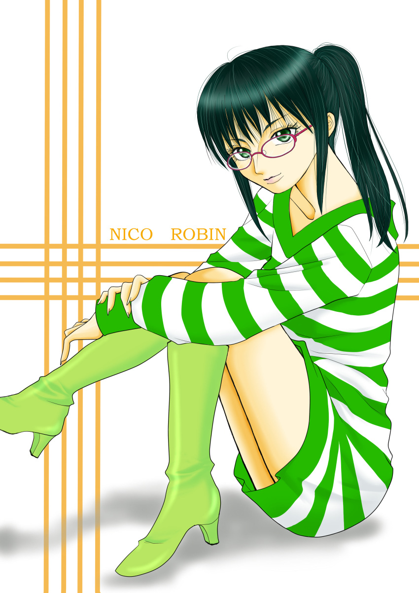 black_hair boots glasses green_eyes highres inu-ya-sha nico_robin one_piece one_piece:_strong_world ponytail shirt striped striped_shirt sweater sweater_dress
