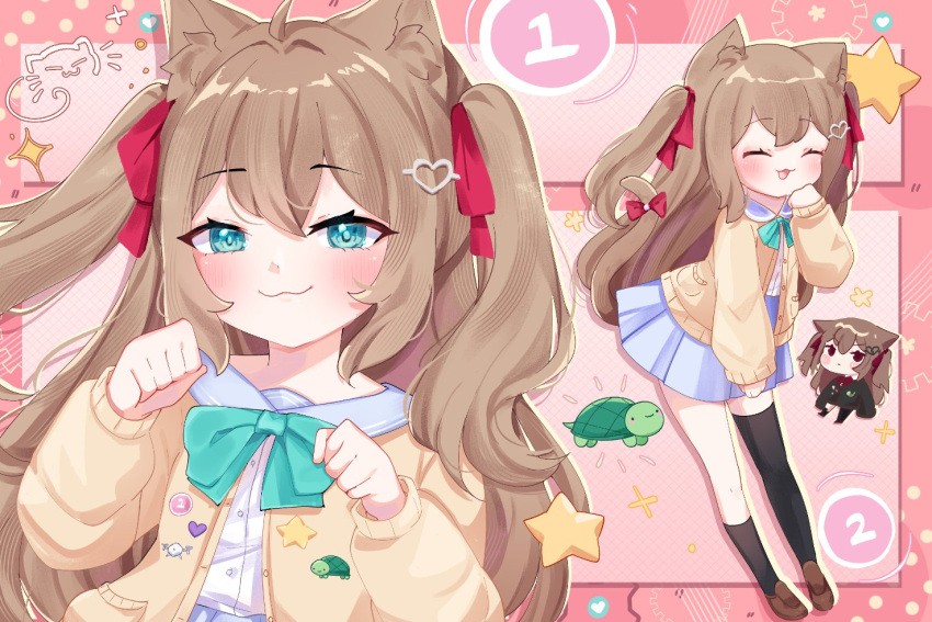 1girl 2girls :3 animal_ears aqua_bow aqua_bowtie asymmetrical_legwear black_socks black_thighhighs blue_eyes blue_sailor_collar blue_skirt bow bowtie brown_shoes cardigan cat_ears cat_tail ceselaaa closed_mouth commentary deformed dress_shirt english_commentary evil_neuro-sama evil_neuro-sama_(1st_costume) hair_between_eyes hair_ornament hair_ribbon heart heart_hair_ornament loafers long_hair long_sleeves looking_at_viewer miniskirt multiple_girls multiple_views neuro-sama neuro-sama_(1st_costume) open_mouth osu! pleated_skirt red_ribbon ribbon sailor_collar shirt shoes single_sock single_thighhigh skirt socks solo standing tail tail_bow tail_ornament thigh-highs turtle two_side_up uneven_legwear vedal987 vedal_ai yellow_cardigan
