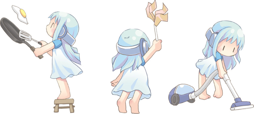 barefoot blue_hair blush chibi cleaning cooking dress duster egg flower_(kowarekake) frying_pan furawaa headphones kowarekake_no_orgel ninja_toes spatula stool tiptoes vacuum vacuum_cleaner