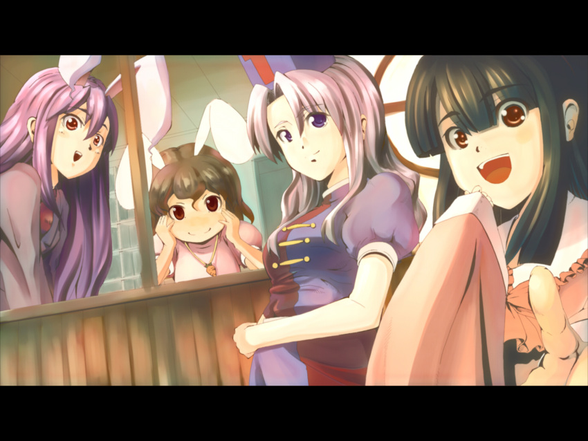 animal_ears black_hair blue_eyes brown_hair bunny_ears hat highres houraisan_kaguya inaba_tewi laughing letterboxed long_hair looking_at_viewer multiple_girls pointing purple_hair red_eyes reisen_udongein_inaba silver_hair smile tak touhou wallpaper yagokoro_eirin