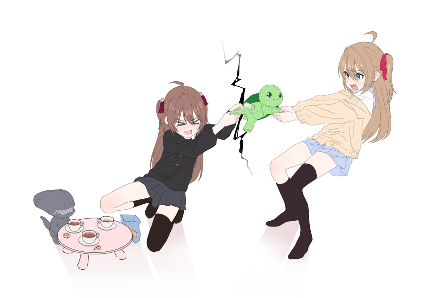 >_< absurdres black_cardigan blush brown_hair cardigan cookie cup doll evil_neuro-sama food hair_ribbon highres milanesa_001 neuro-sama open_mouth ribbon simple_background skirt table teacup tears teeth thigh-highs twintails vedal987 vedal_ai virtual_youtuber white_background yellow_cardigan