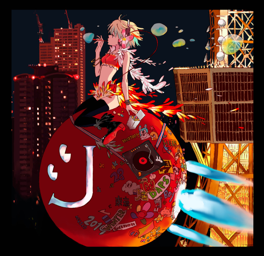 1girl absurdres album_cover bracelet bubble bubble_blowing building canon_(company) cover dj_kazu feather_boa headphones high_heels highres jewelry multicolored_hair official_art phonograph sticker strapless sushio thigh-highs tokyo_tower tubetop turntable