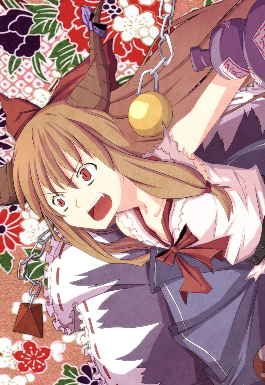 1girl angry bad_id blonde_hair bow chain dress hair_bow highres horns ibuki_suika long_hair open_mouth red_eyes sake solo togattatume touhou