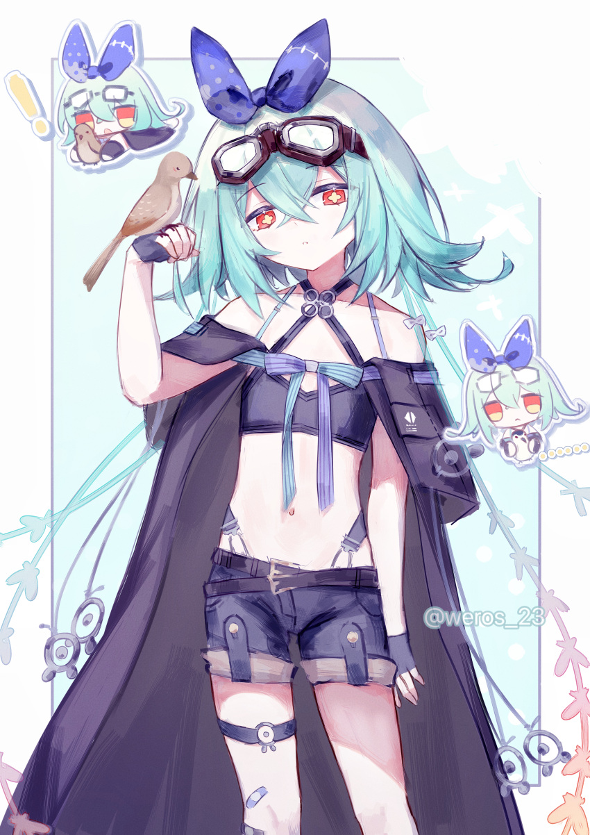1girl absurdres animal artist_name bandaid bare_shoulders belt bird black_bra blue_bow blue_hair bow bra chibi chunithm cross-shaped_pupils denim denim_shorts fingerless_gloves flat_chest gloves goggles goggles_on_head hair_bow highres holding holding_animal holding_bird looking_at_viewer midriff navel red_eyes rinne_(chunithm) short_hair shorts symbol-shaped_pupils underwear watermark weros_23