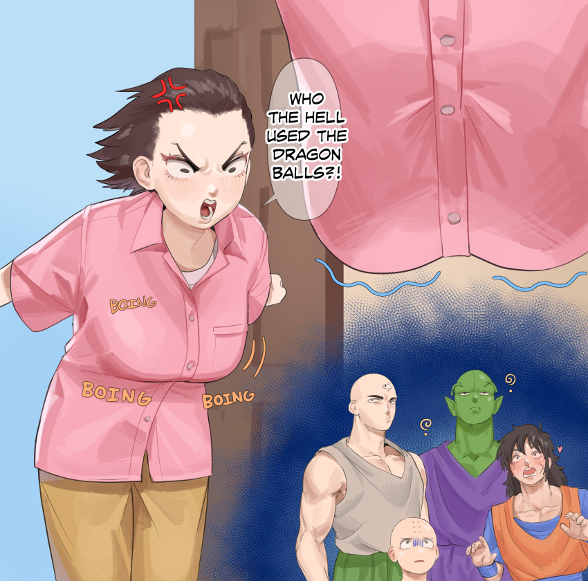 1girl 4boys angry blush bouncing_breasts breasts commentary dragon_ball dragon_ball_(classic) dragon_ball_z embarrassed english_commentary english_text forehead genderswap genderswap_(mtf) highres huggytug kuririn large_breasts multiple_boys piccolo pink_shirt shirt tenshinhan thick_eyebrows vegeta yamcha