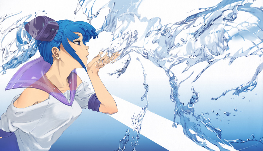 bare_shoulders blue_eyes blue_hair highres kaisen simple_background solo water