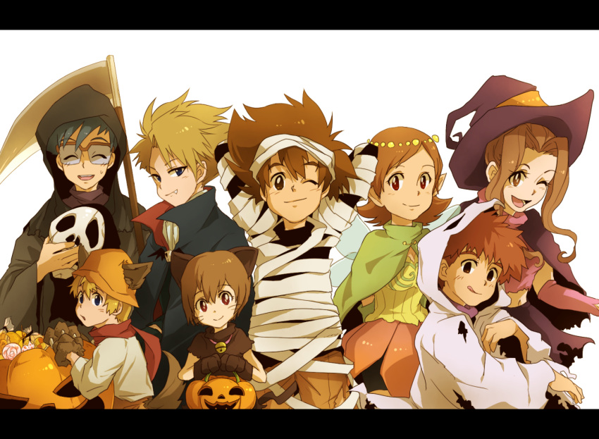 5boys :d :q animal_ears arms_behind_head bell blonde_hair blue_eyes blue_hair brother_and_sister brothers brown_eyes brown_hair cat_ears cosplay death_(entity) digimon digimon_adventure fairy fang ghost gloves grim_reaper halloween hat ishida_yamato izumi_koushirou jack-o'-lantern jack-o'-lantern jingle_bell kido_jou kido_jyou letterboxed long_hair mask midriff mimxxpk multiple_boys multiple_girls mummy navel open_mouth pointy_ears pumpkin red_eyes scarf scythe short_hair siblings smile tachikawa_mimi tail takaishi_takeru takenouchi_sora tongue torn_clothes vampire werewolf whiskers wink witch witch_hat wolf_ears wolf_tail yagami_hikari yagami_taichi