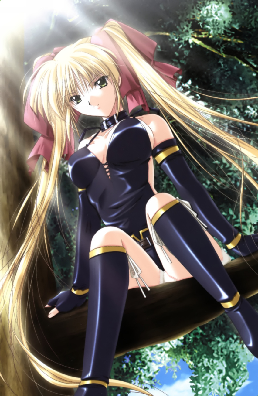 absurdres bare_shoulders black_gloves blonde_hair breasts collar elbow_gloves giselle gloves green_eyes hair_ribbon highres large_breasts leaf legs long_hair long_legs looking_down ribbon sitting sitting_on_object solo thighs tree twintails vagrants very_long_hair yamamoto_kazue