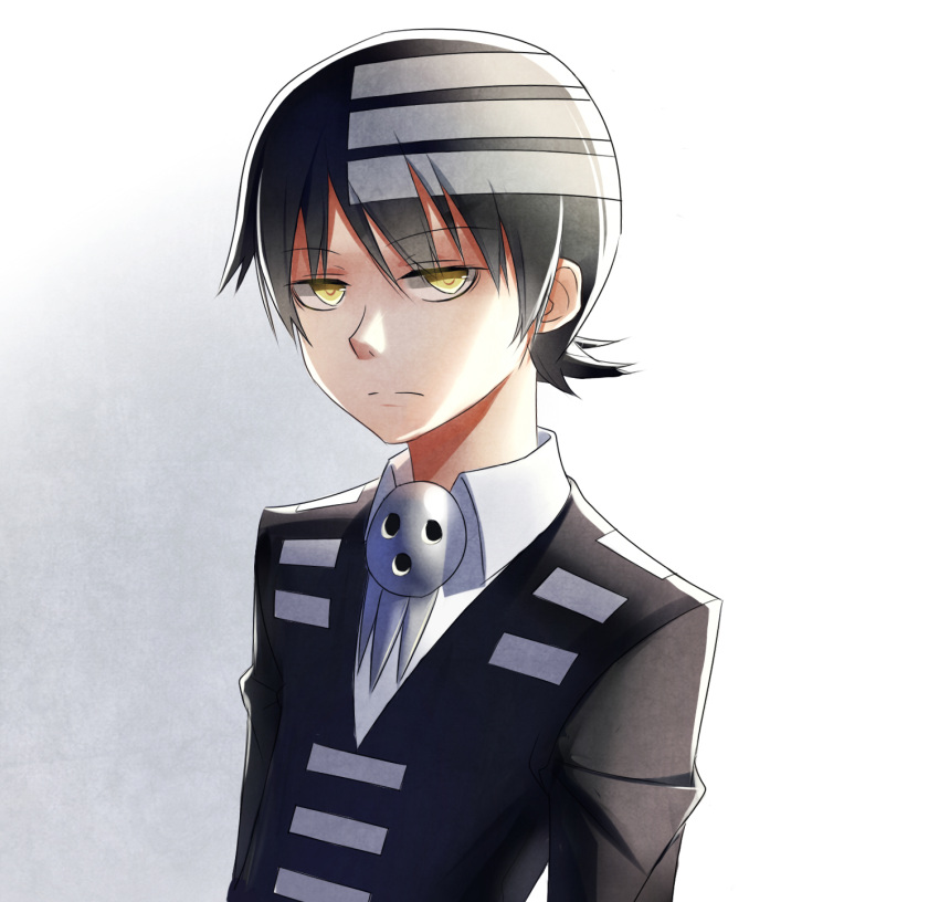 bad_id black_hair death_the_kid formal highres kenneth_(qq) male short_hair solo soul_eater striped suit yellow_eyes