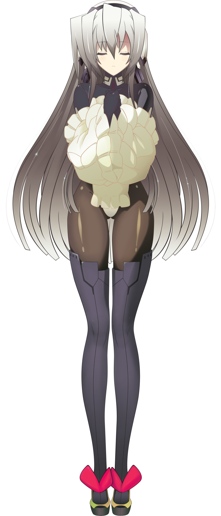 absurdres bodysuit boots closed_eyes eyes_closed gluteal_fold highres horizon_ariadust kyoukai_senjou_no_horizon long_hair nouillee pantyhose silver_hair simple_background solo thigh-highs thigh_boots thighhighs vector_trace very_long_hair