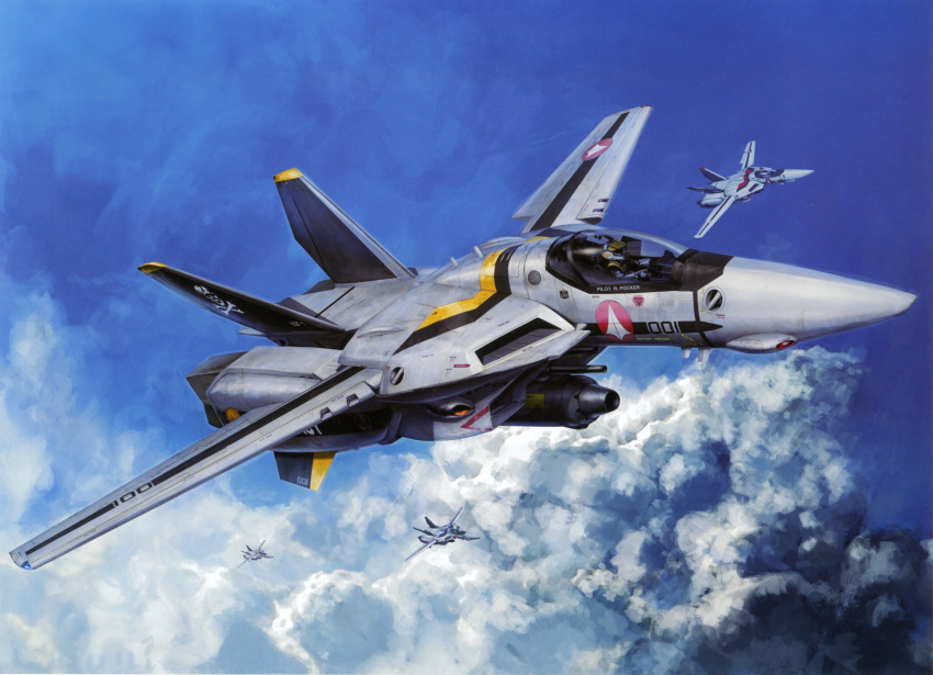 absurdres airplane choujikuu_yousai_macross cloud cockpit fleet flying gunpod helmet highres jet macross macross:_do_you_remember_love? mecha official_art oldschool pilot_suit realistic roy_focker scan science_fiction skull_and_crossbones space_craft spacesuit tenjin_hidetaka u.n._spacy vf-1 vf-1a vf-1s