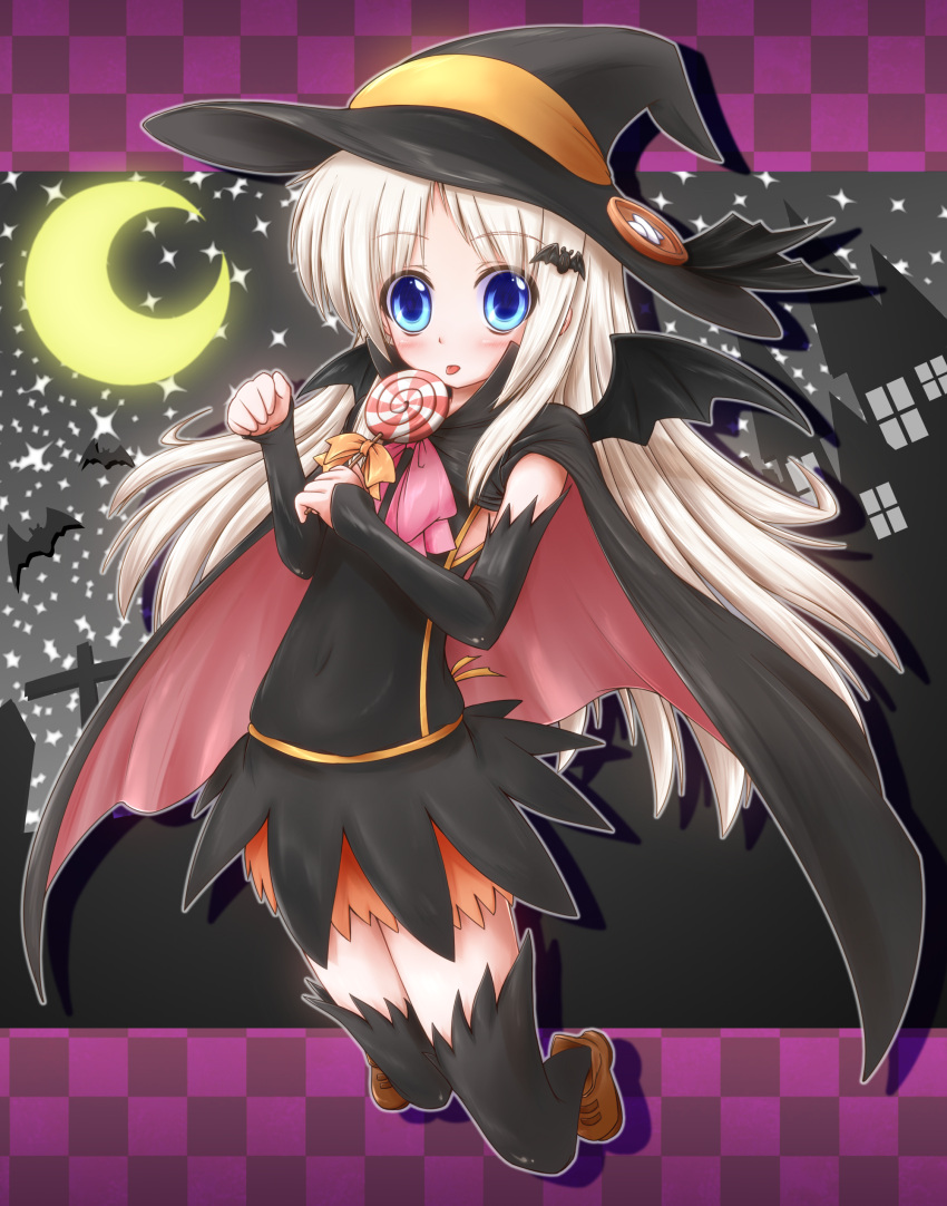 blonde_hair blue_eyes candy cape crescent crescent_moon halloween hat highres licking little_busters!! lollipop long_hair moon noumi_kudryavka shirotoshi thigh-highs thighhighs tongue witch_hat
