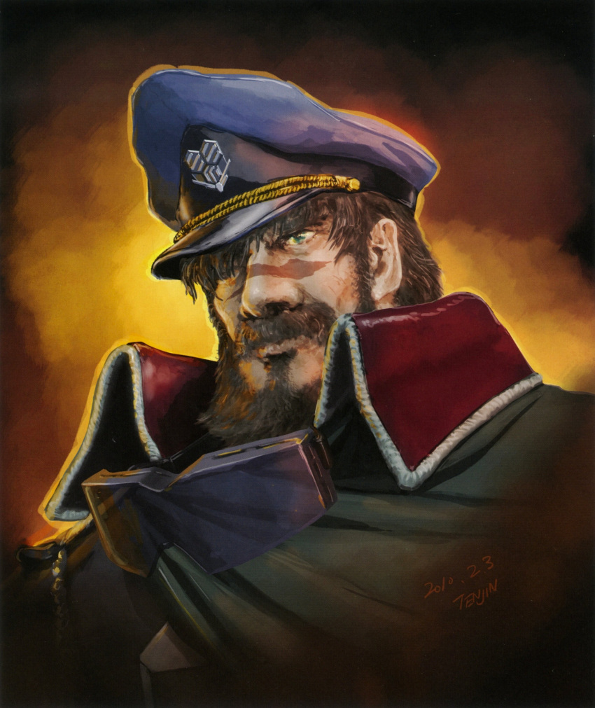 beard brown_hair cape facial_hair green_eyes hat highres jeffrey_wilder macross macross_frontier manly military military_uniform officer official_art realistic s.m.s. safety_glasses scan scar science_fiction sunglasses tenjin_hidetaka uniform
