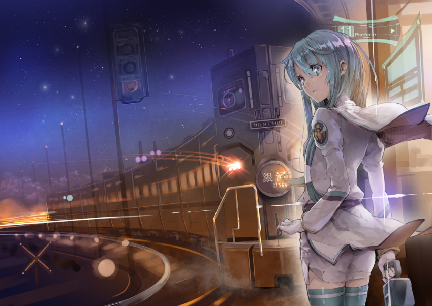 aqua_eyes aqua_hair belt blue_legwear from_behind gloves hair_tubes holding long_hair looking_back original railroad_crossing railroad_signal railroad_tracks side_slit skirt solo thigh-highs thighhighs traffic_light train uniform white_gloves yuugen zettai_ryouiki