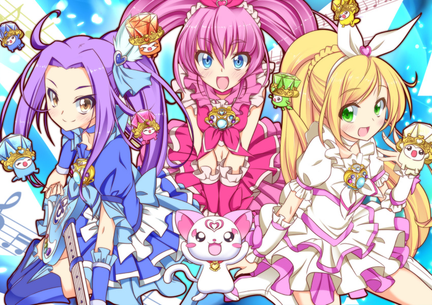 blonde_hair blue_eyes blush boots brooch brown_eyes choker cure_beat cure_melody cure_rhythm electric_guitar fairy_tone green_eyes guitar heart highres houjou_hibiki hummy_(suite_precure) instrument jewelry kurokawa_ellen long_hair looking_at_viewer love_guitar_rod magical_girl midriff minamino_kanade multiple_girls navel noumin open_mouth pink_hair precure purple_hair side_ponytail siren_(suite_precure) skirt smile suite_precure thigh_boots thighhighs twintails