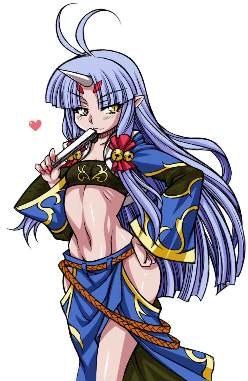 bandeau bell blue_hair endless_frontier facial_mark fan forehead_mark hand_on_hip heart highres hips horn jingle_bell long_hair midriff nail_polish nakagami_takashi navel pointy_ears super_robot_wars super_robot_wars_og_saga_mugen_no_frontier suzuka_hime tubetop yellow_eyes