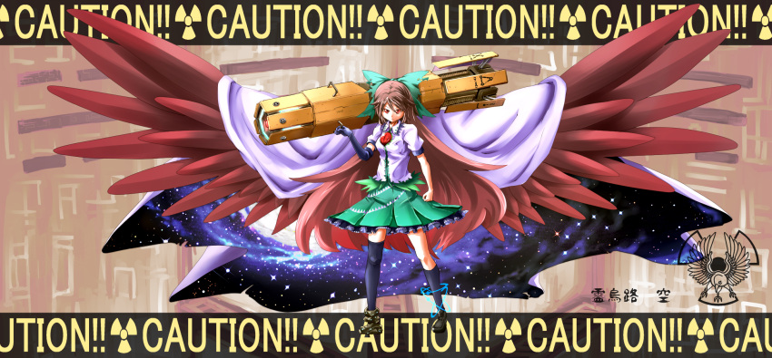 bangs blouse bow brown_hair cape caution concrete feathers footwear galaxy gun highres long_hair mismatched_footwear nuclear pleated_skirt radiation_symbol red_eyes reiuji_utsuho shoes skirt socks star touhou weapon widescreen wings yafu
