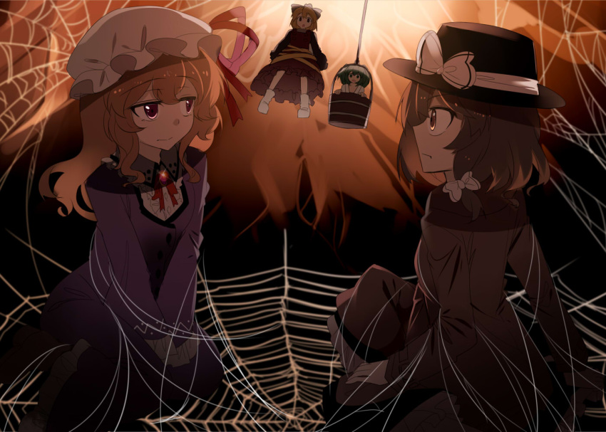 4girls backlighting between_legs blonde_hair bow brooch brown_dress brown_hair bucket commentary_request dress e.o. entangled fedora flying from_below frown glint green_hair hair_bow hand_between_legs hat hat_ribbon in_bucket in_container jewelry kisume kurodani_yamame long_hair long_sleeves looking_at_another looking_to_the_side maribel_hearn mob_cap multiple_girls purple_dress ribbon short_hair silk sitting socks spider_web touhou trench_coat underground usami_renko v_arms violet_eyes wariza wavy_mouth white_legwear