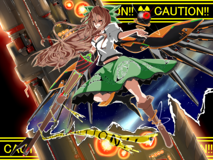 alternate_weapon arm_cannon boots bow brown_hair caution caution_tape english gun hair_bow hands long_hair mechanical_wings potato_pot radiation_symbol red_eyes reiuji_utsuho solo touhou weapon wings