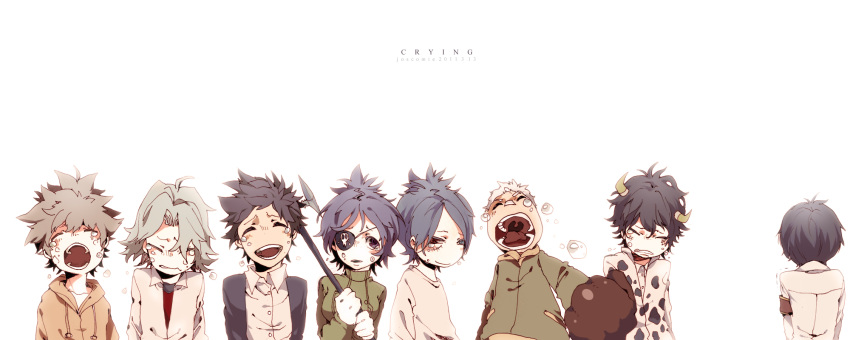 6+boys 7boys armband bad_id black_hair blue_hair boy_cow brown_hair chrome_dokuro cow_print crying everyone eyepatch gokudera_hayato grey_hair heterochromia hibari_kyouya hibari_kyoya highres horns josco katekyo_hitman_reborn katekyo_hitman_reborn! lambo multiple_boys polearm purple_hair rokudou_mukuro sasagawa_ryohei sawada_tsunayoshi school_uniform short_hair simple_background skull spear tears text trident weapon white_hair yamamoto_takeshi