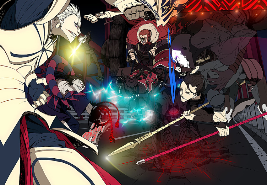 armor assassin_(fate/zero) berserker_(fate/zero) book bull caster_(fate/zero) chariot ea_(fate/stay_night) electricity excalibur fate/stay_night fate/zero fate_(series) fighting formal gae_buidhe gae_dearg gilgamesh glowing glowing_weapon gordius_wheel helmet kenja_tori lancer_(fate/zero) ox pant_suit polearm ponytail rider_(fate/zero) saber spear suit sword weapon