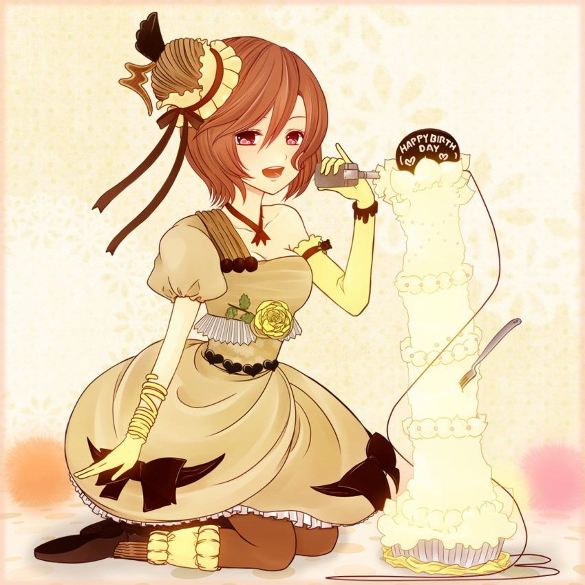 agi_(kankarado) alternate_costume bare_shoulders boots bow bracelet breasts brown_hair cable cake cleavage collar dress flower food food_themed_clothes fork frills happy_birthday hat heart jewelry kneeling leaf leg_warmers leggings meiko microphone mini_top_hat open_mouth pie red_eyes ribbon rose short_dress short_hair solo top_hat vocaloid wire yellow yellow_rose