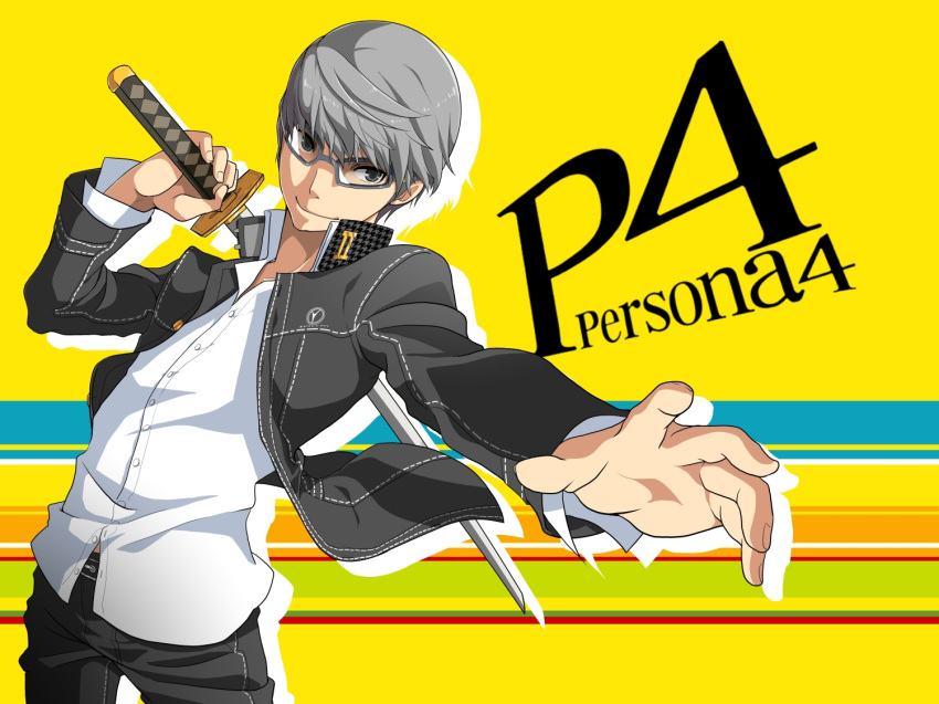 bad_id bangs foreshortening glasses grey_eyes hiiro_(kikokico) holding houndstooth jacket long_sleeves male narukami_yuu persona persona_4 school_uniform shirt short_hair silver_hair smile solo striped striped_background swept_bangs sword text title_drop weapon yellow_background