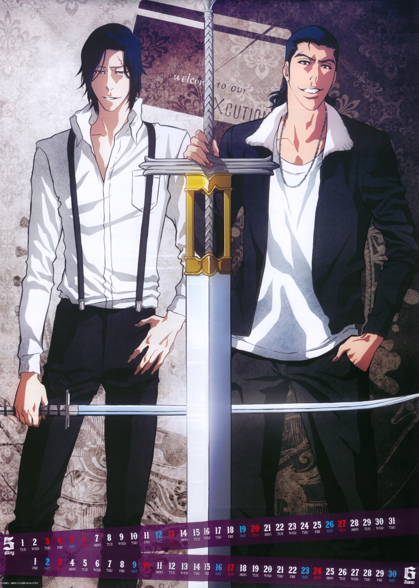 2boys black_jacket black_pants bleach collared_shirt cropped_legs feet_out_of_frame ginjou_kuugo hand_in_pocket hand_on_hip highres holding holding_sword holding_weapon ishikawa_tomomi jacket jewelry long_sleeves multiple_boys necklace official_art pants planted_sword planted_weapon scar shirt shirt_under_jacket smile standing suspenders sword tsukishima_schuukurou tsukishima_shuukurou weapon white_shirt