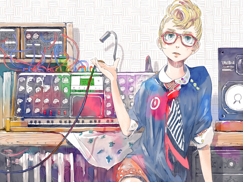 blonde_hair blue_eyes cable earrings glasses highres instrument jewelry necktie original pomodorosa pompadour risa_hibiki solo speaker synthesizer