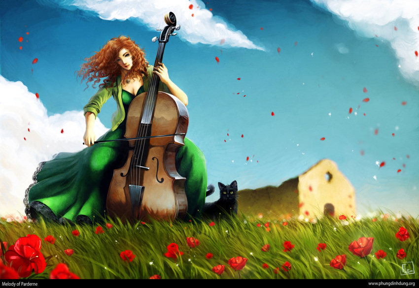 bow_(instrument) breasts building cat cello cloud curly_hair dress flower flower_pedals grass green_dress green_eyes instrument jewelry lips lipstick makeup necklace orange_hair original phungdinhdung sitting sky sleeves_pushed_up