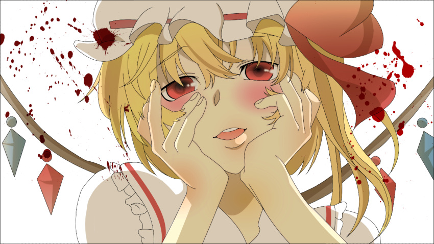 amefurirain blonde_hair blood blood_splatter flandre_scarlet hands_on_own_cheeks hands_on_own_face hat open_mouth parody red_eyes side_ponytail solo the_embodiment_of_scarlet_devil touhou wings yandere yandere_trance