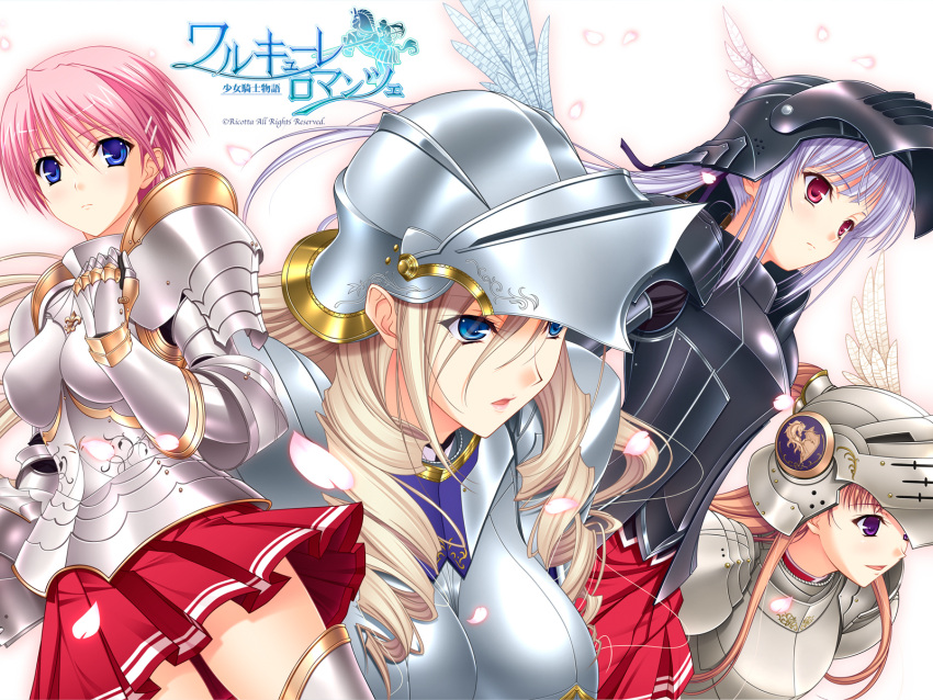 armor blonde_hair blue_eyes breastplate brown_hair celia_kumani_entory drill_hair gauntlets hair_ornament hairclip helmet highres kisaki_mio komori_kei long_hair miniskirt multiple_girls noel_maresse_ascot open_mouth petals pink_hair purple_eyes red_eyes risa_eostole school_uniform short_hair silver_hair skirt thighhighs thighs vambraces violet_eyes visor_(armor) walkure_romanze wallpaper