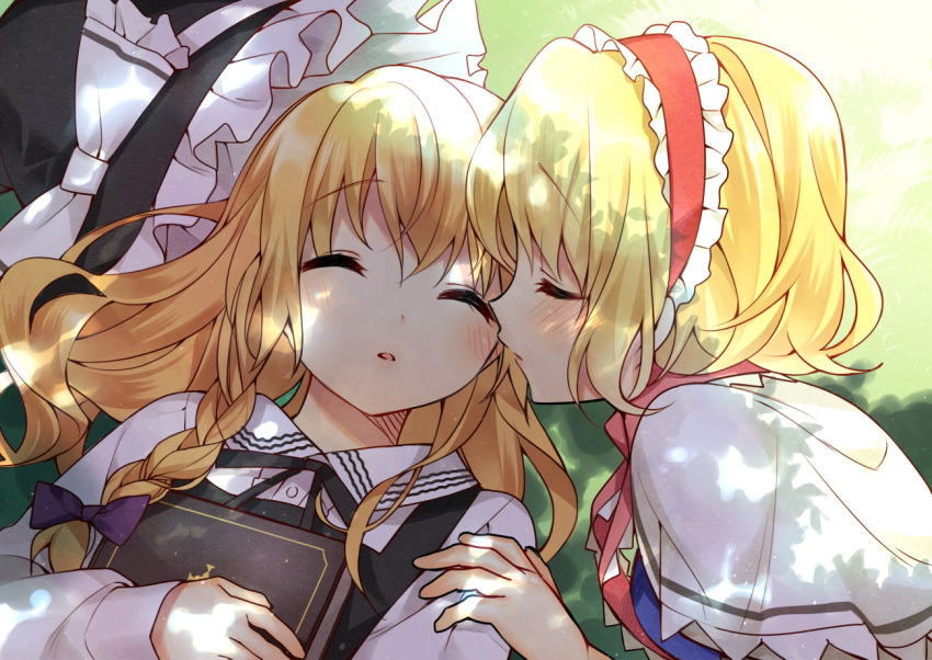 2girls alice_margatroid blonde_hair blush book bow braid bust capelet closed_eyes hairband hanabana_tsubomi hat hat_bow kirisame_marisa kiss long_hair multiple_girls ribbon short_hair single_braid sleeping touhou yuri