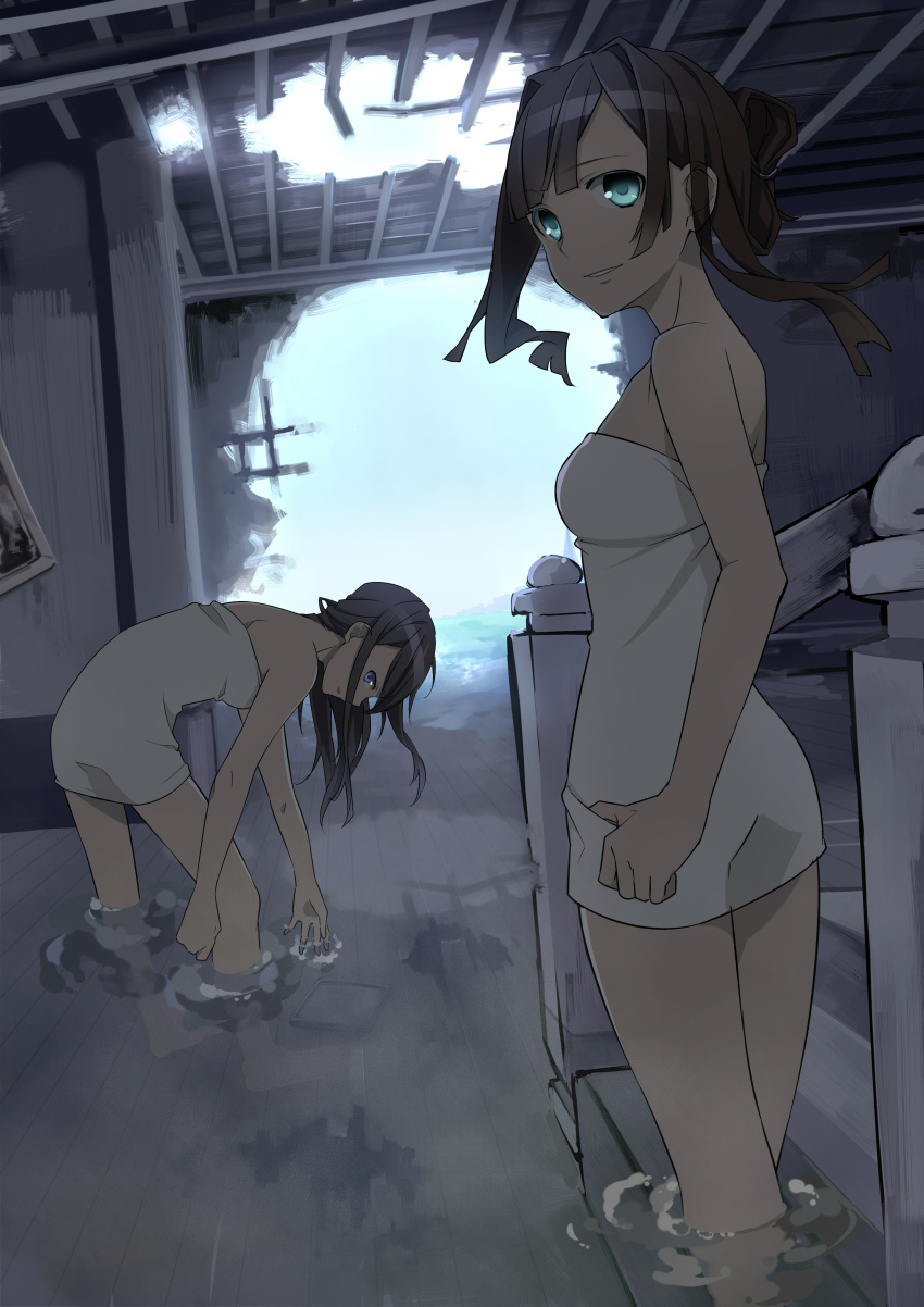 absurdres bad_id black_hair blue_eyes highres hole leaning_forward long_hair looking_back multiple_girls naked_towel original partially_submerged ruins sama sky smile stairs towel wading water