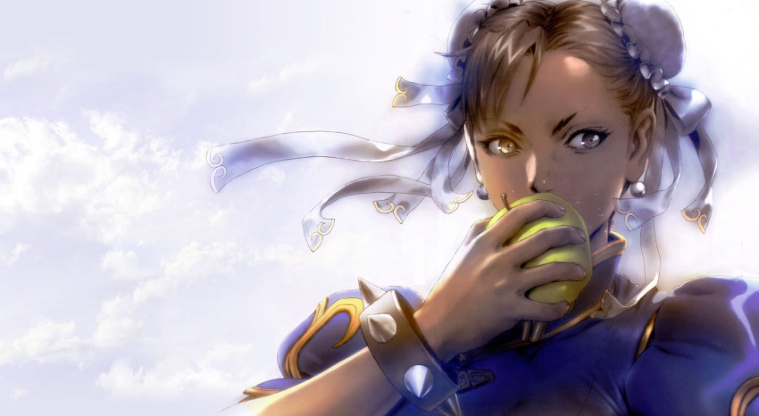 akiman bracelet brown_hair bun_cover capcom china_dress chinese_clothes chun-li cloud double_bun earrings eating food fruit hair_up highres holding holding_apple holding_fruit jewelry spiked_bracelet spikes street_fighter yasuda_akira