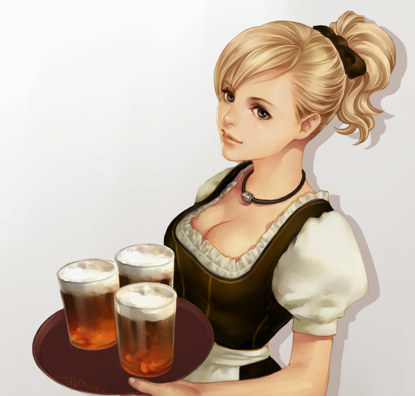 beer blonde_hair breasts brown_eyes cleavage eriya-j jewelry lips necklace original ponytail realistic short_hair smile solo tray waitress