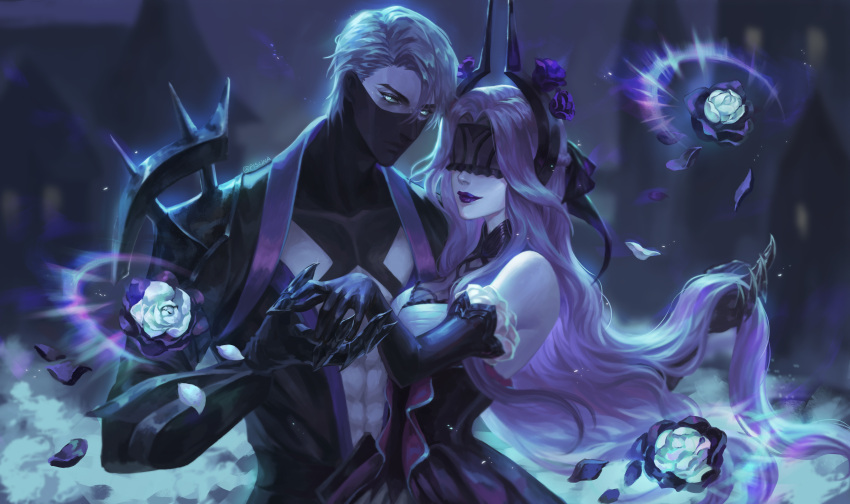 1boy 1girl abs absurdres alternate_costume armor black_gloves black_lips blindfold blurry blurry_background breasts dreamingpool ear_protection elbow_gloves flower gloves hair_flower hair_ornament highres holding_hands league_of_legends long_hair mask outdoors petals shoulder_armor silver_hair standing syndra upper_body zed_(league_of_legends)