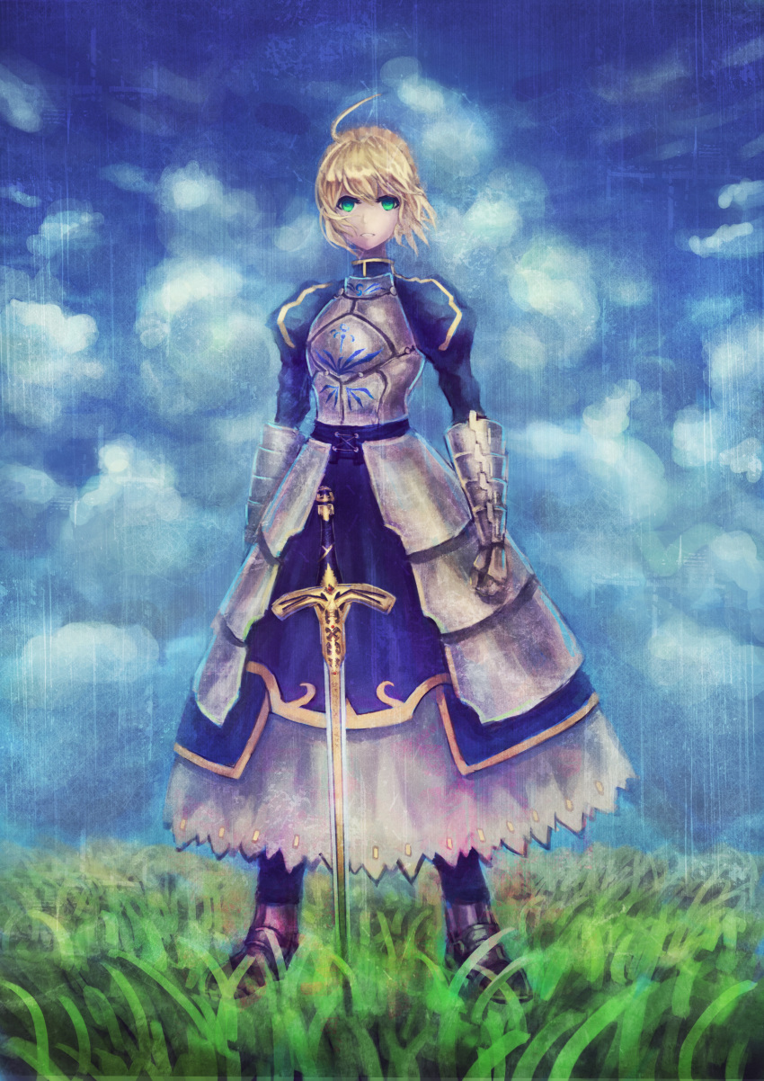 absurdres ahoge armor armored_dress bad_id blonde_hair caliburn dress fate/stay_night fate_(series) faulds field gauntlets green_eyes hair_ribbon highres qin ribbon saber sky solo standing sword weapon