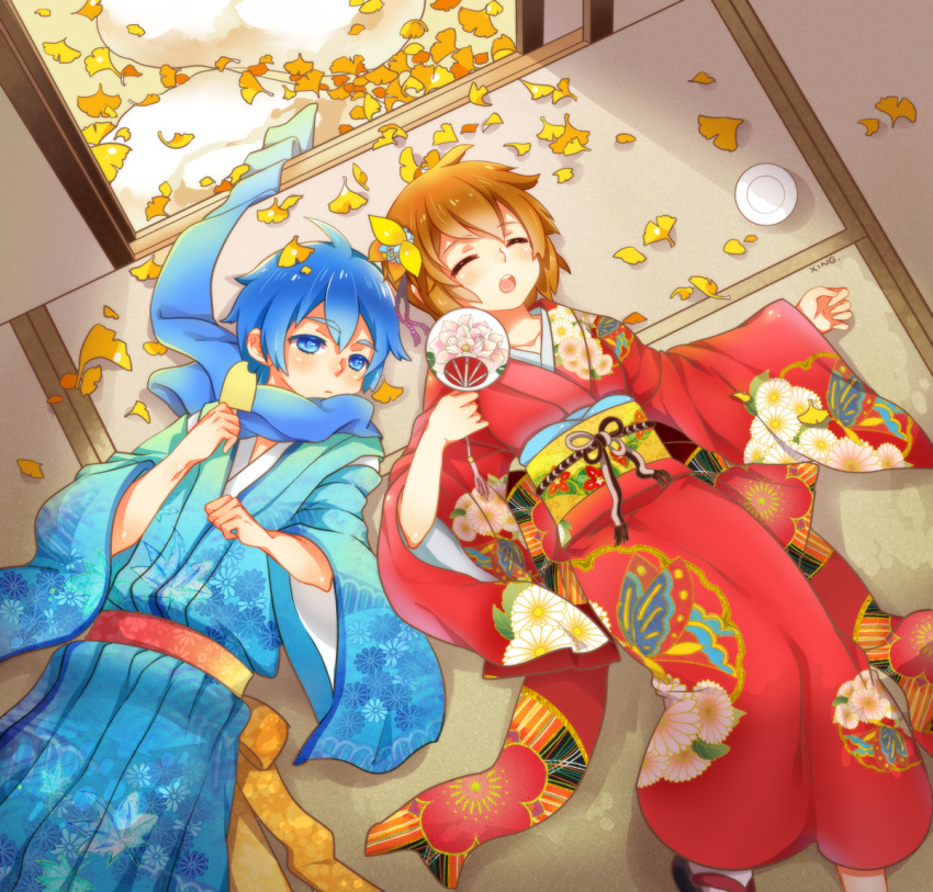 1girl blue_eyes blue_hair brown_hair chrysanthemum fan flower from_above japanese_clothes kaito kimono leaf lying meiko on_back scarf seigaiha short_hair vocaloid xing