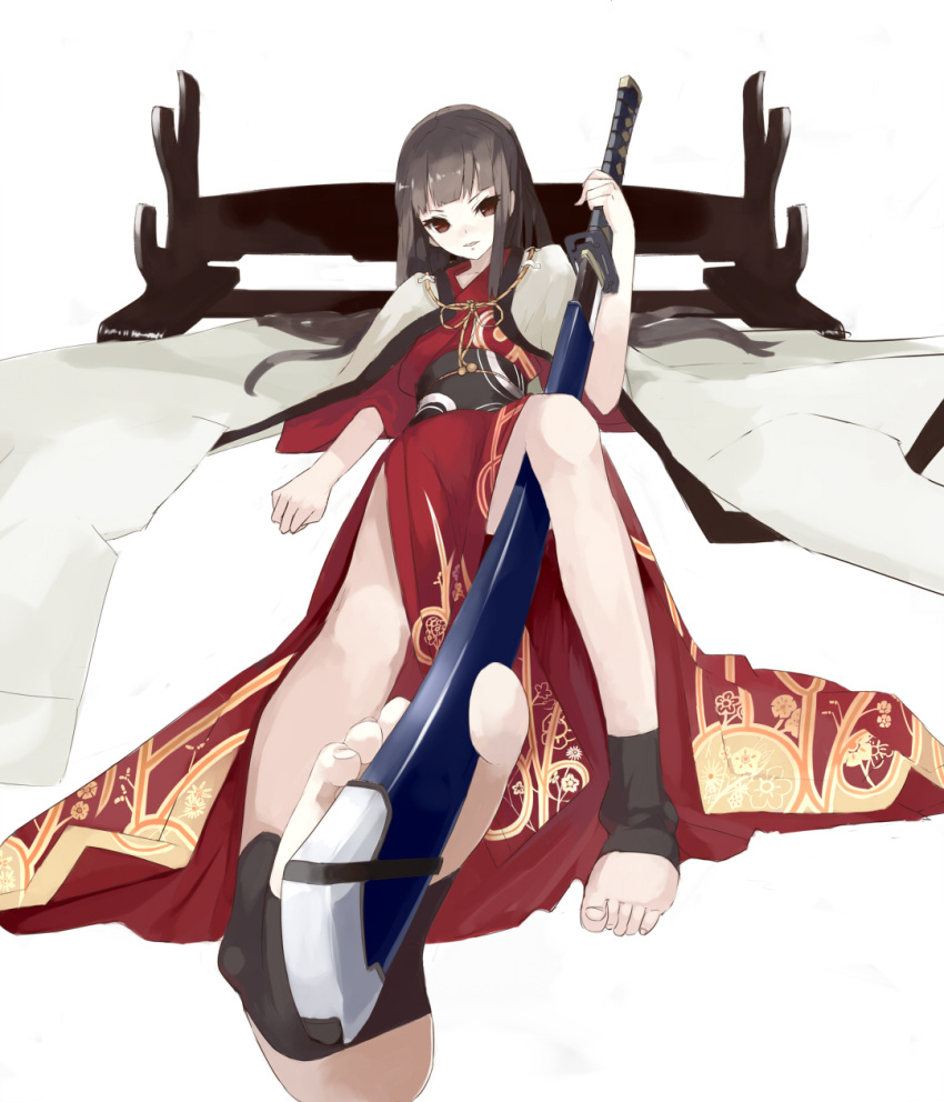 artist_request bare_legs barefoot bed between_toes brown_hair cape copyright_request feet foot_hold highres japanese_clothes katana kimono long_hair looking_at_viewer lying mazonano obi on_back on_bed soles solo sword toeless_legwear toeless_socks toes weapon