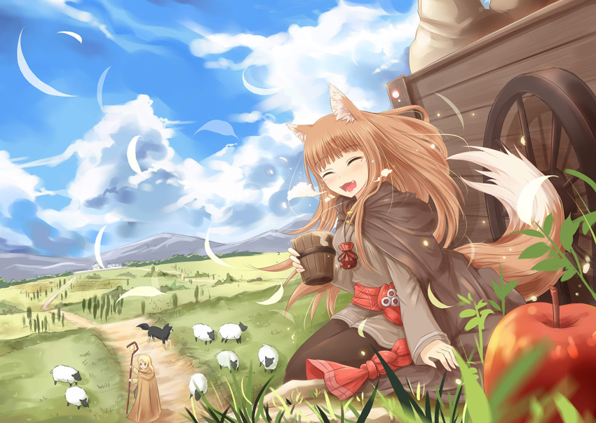 ^_^ animal animal_ears apple blurry blush brown_hair cape closed_eyes depth_of_field dog enekk eyes_closed fang food fruit grass holo horo landscape long_hair multiple_girls nncat nora_arento open_mouth pouch scenery sheep sitting spice_and_wolf tail tears wolf_ears wolf_tail